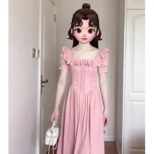 Franse stijl blozen roze vierkante hals vintage jurk