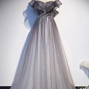 Glitter grijze gradiënt Tule lange prom dansjurk