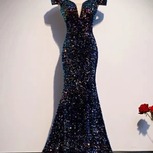 Glitter marineblauwe pailletten off-shoulder strakke pasvorm formele galajurk