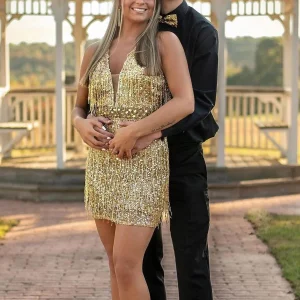 Gouden pailletten Plunge-V kralen kwastjes Homecoming jurk