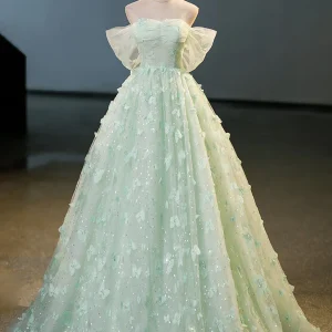 Stunning Green Tulle A-Line Lace Long Prom Dress Sweet 16 Gown