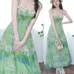 Groene Van Gog olieverfschilderij zomerjurk