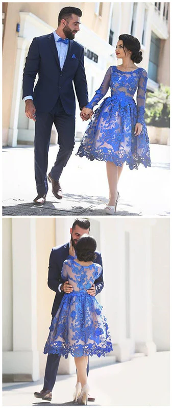 Korte koningsblauwe kanten homecoming-jurk | Korte galajurk met lange mouwen - Afbeelding 5