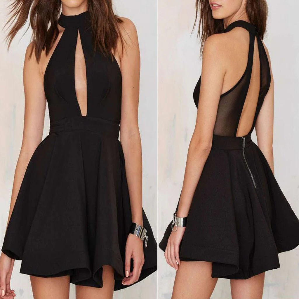 Zwarte chiffon korte homecoming-jurk met open rug en voorkant - Afbeelding 2