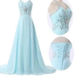 Halter lichtblauw galajurk lang chiffon avondjurken voor bruiloften MA072