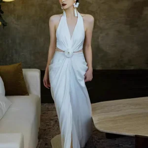 Halter Neck Sheath Low Back Silk Chiffon Bridal Gown with Delicate Flower