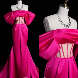 Hot Pink Off The Shoulder Satin Corset Prom Dress