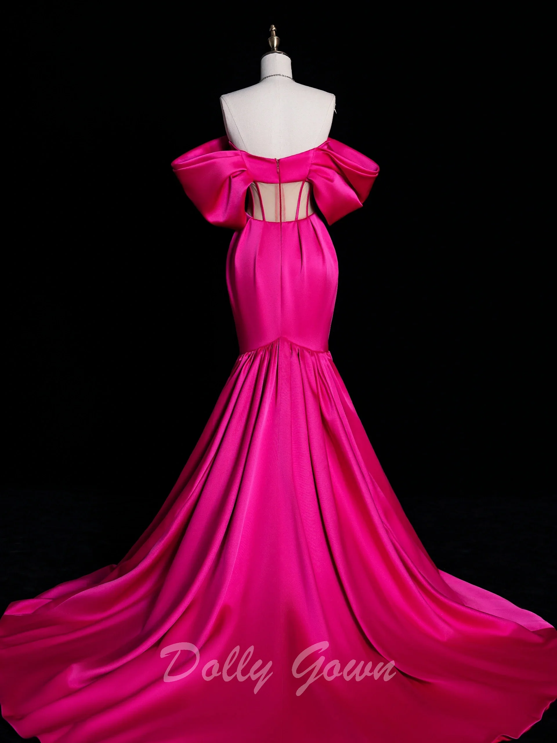 Hot Pink Off The Shoulder Satin Corset Prom Dress - Afbeelding 4
