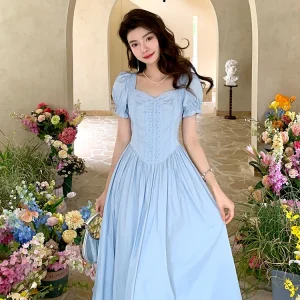 Blauwe katoenen vintage geïnspireerde swingjurk