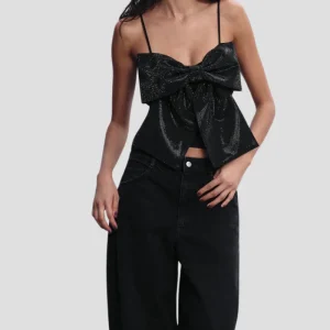 LOULOU | Zwarte Glitter Strik Top Voor Dames - Elegant, Feestelijk & Stralend