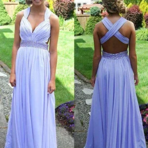 Lavendel chiffon gekruiste bandjes terug lange bruidsmeisjesjurken