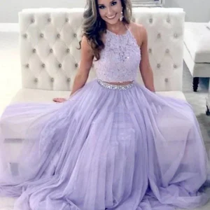 Lavendel tweedelige lange galajurk voor tieners