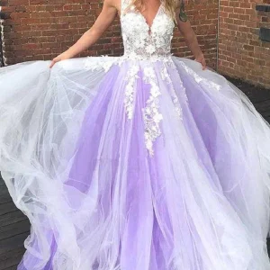 Lavendel Tule prinses duik V-hals formele jurk gezwollen galajurk