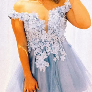 Unieke lichtblauwe 3D-bloemen off-shoulder homecoming-jurk