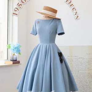 Light Blue Short 1950s Vintage Style Dress with Short Sleeves