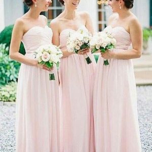 Lichtroze babyroze bruidsmeisjesjurken Lange strapless chiffon bruidsmeisjesjurken