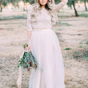 Kanten tweedelige trouwjurk met lange mouwen, Tule rok, bruids scheidt top met lange mouwen