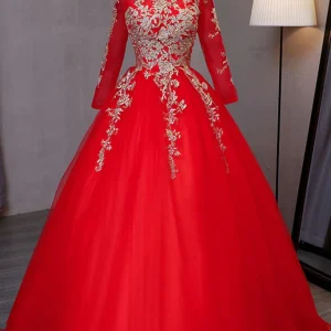 Lange mouw rode gezwollen Sweet 15 jurk Quinceanera jurk