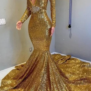 Galajurk met lange mouwen en gouden pailletten voor curvy zwarte meisjes