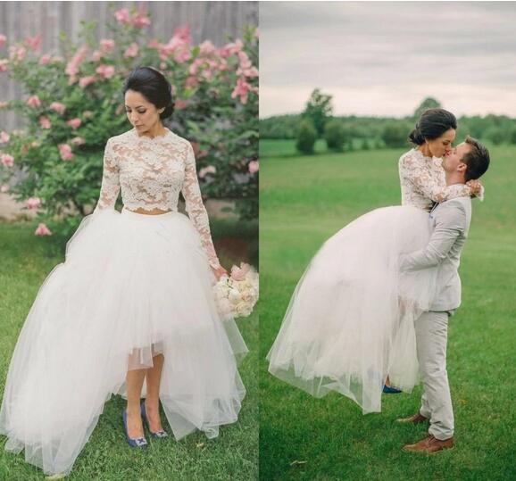 Lange mouw hoog laag tweedelige crop top met lange mouwen bruidsscheidingen - Afbeelding 3