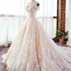 Luxe champagnekleurige kanten off-shoulder luchtige baljurk voor bruiloft Gezwollen trouwjurk 20082203