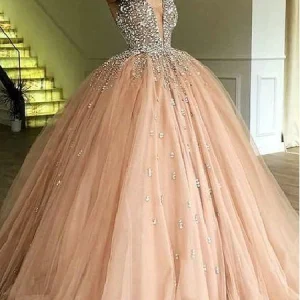 Luxe Baljurk Champagne Tule Oogverblindende Top Diepuitgesneden V-hals Galajurk GDC1188