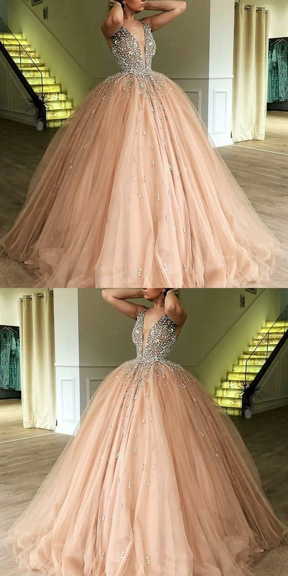 Luxe Baljurk Champagne Tule Oogverblindende Top Diepuitgesneden V-hals Galajurk GDC1188 - Afbeelding 3