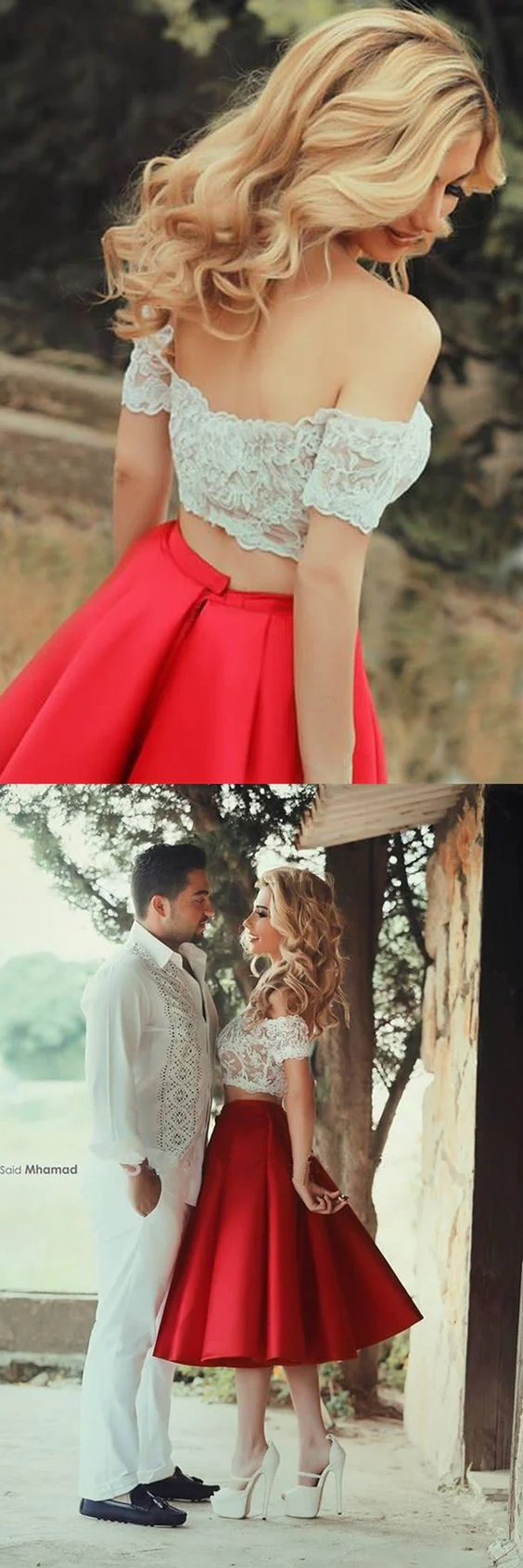 Tweedelige galajurk, korte homecoming-jurk, galajurk voor tieners, off-shoulder galajurk, MA062 - Afbeelding 3