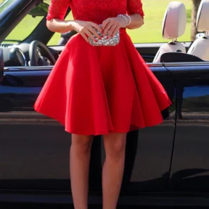 Korte rode formele jurk kanten galajurk met 1/2 mouwen