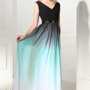 Ombre chiffon formele jurk met V-hals| Lange avondjurk