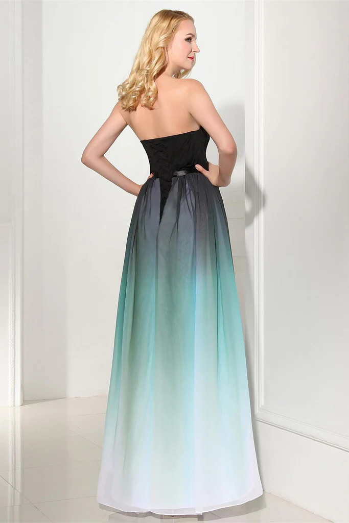 Ombre chiffon liefje hals lange strapless bruidsmeisjesjurken - Afbeelding 3