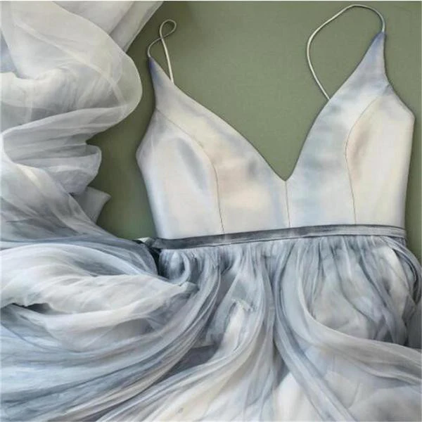 Boho stoffige blauwe trouwjurk Flowy stoffige blauwe galajurk - Afbeelding 4