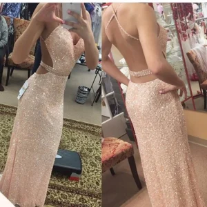 Backless licht champagne pailletten gekruiste bandjes avondjurk