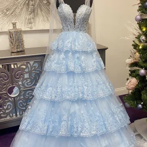 Light Blue Tulle Appliques Tie Straps Ruffle Tiered Lace Long Prom Dress