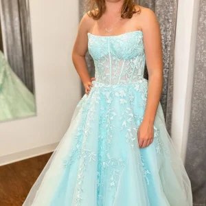 Aqua Blue Appliques Strapless A-Line Long Sheer Prom Dress