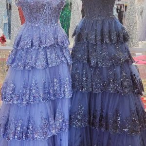Tulle Sequin Lace Cold-Shoulder Ruffle Tiered Long Prom Dress