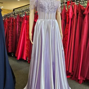 Lavender 3D Floral Lace Off-the-Shoulder Sheer Corset Prom Dress