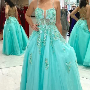 Aqua Blue Lace-Up Tulle Prom Dress with Appliques
