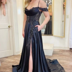 Black Cold-Shoulder Beaded A-Line Formal Dress with Slit