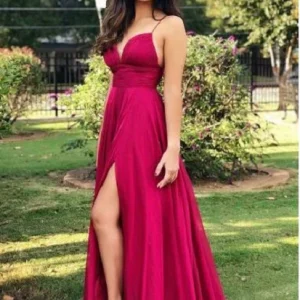 Kastanjebruine zijsplit eenvoudige chiffon A-lijn galajurk | Avondjurken voor bruiloft