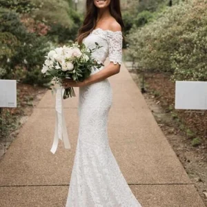 Zeemeermin kant off-shoulder tweedelige trouwjurk Betaalbare bruidsjurken online