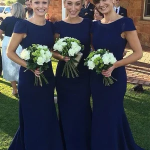 Zeemeermin Marine Bruidsmeisjesjurken Kapmouwtjes Lange Bruidsmeisjesjurken Eenvoudige Bruidsmeisjesjurk MA081