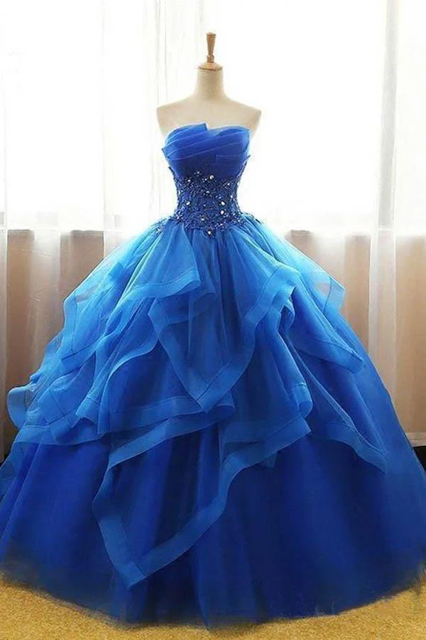 Mexicaanse organza strapless koningsblauwe baljurk galajurk Quinceanera jurk