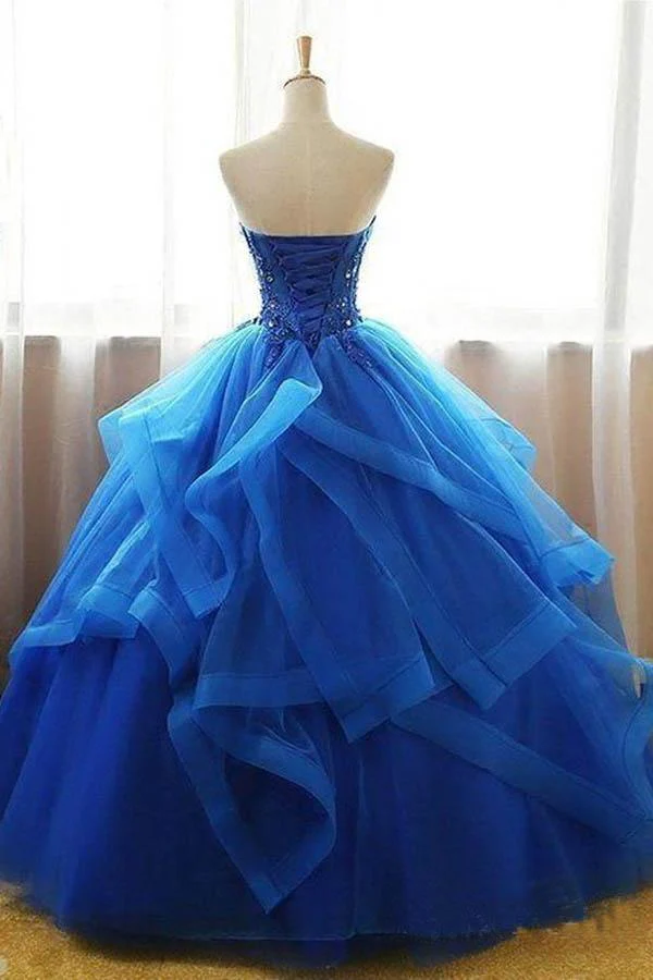 Mexicaanse organza strapless koningsblauwe baljurk galajurk Quinceanera jurk - Afbeelding 3