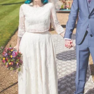 Landelijke vintage jaren 1960 tweedelige kanten enkellange trouwjurk met mouwen