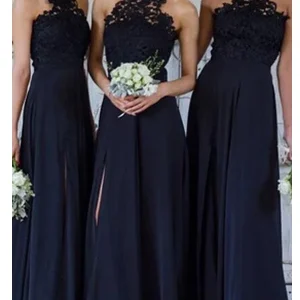Bescheiden halter kanten top A-lijn donkerblauwe bruidsmeisjesjurken lang met zijsplit