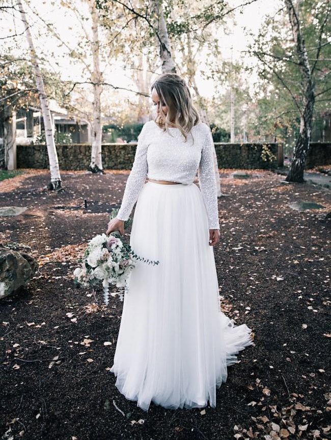 Bescheiden trouwjurk met lange mouwen, bruiloft tule rok en top bruidsjurk - Afbeelding 2