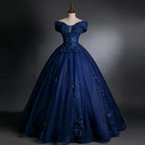 Navy Blue Off the Shoulder Puffy Quinceanera Dress Trimmed with Lace Appliques