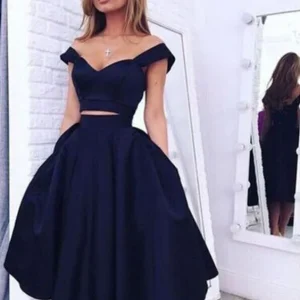 Marineblauwe korte tweedelige galajurk met blote schouders, eenvoudige homecoming-jurk voor eerstejaars 20171202