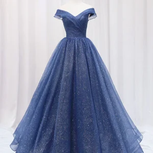 Dark Blue A-Line Off Shoulder Long Prom Dress Shiny Tulle